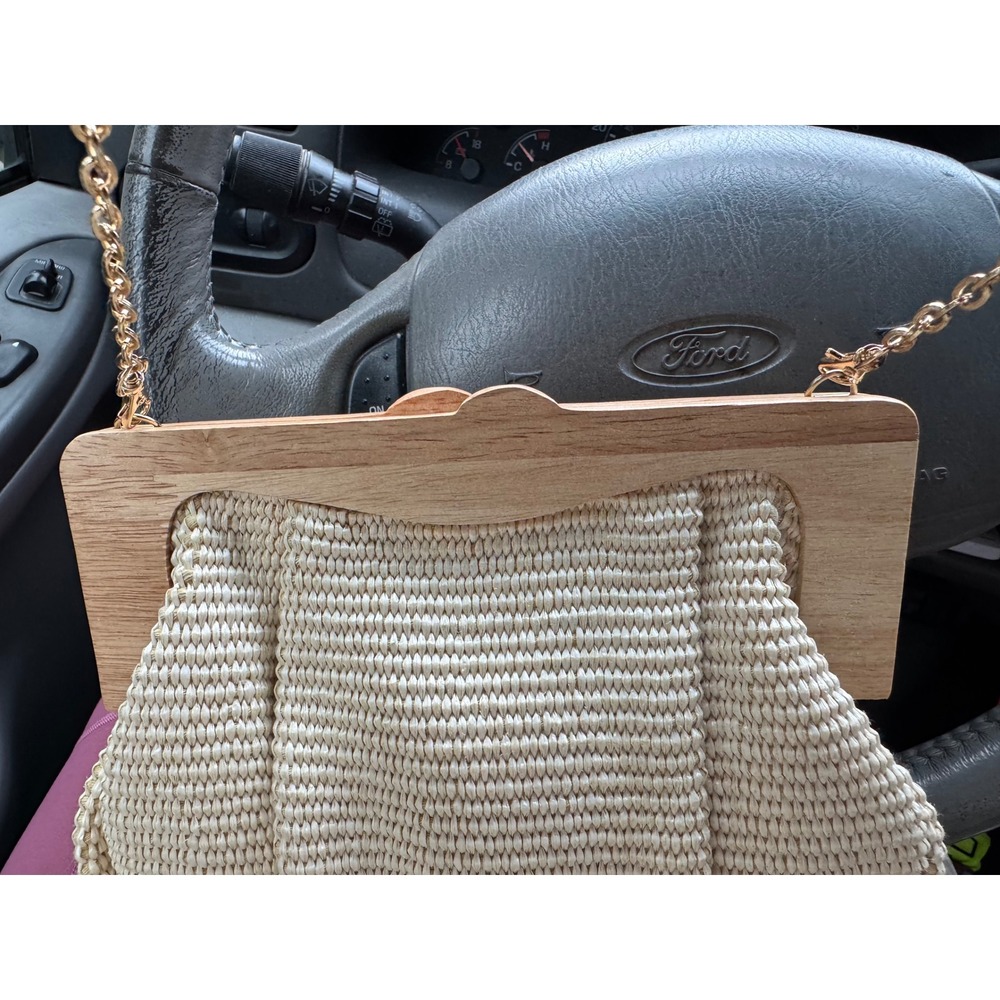 Urban Expressions Boho Woven Clutch with Wooden Frame Accent - Cream/Natural - Picture 2 of 7